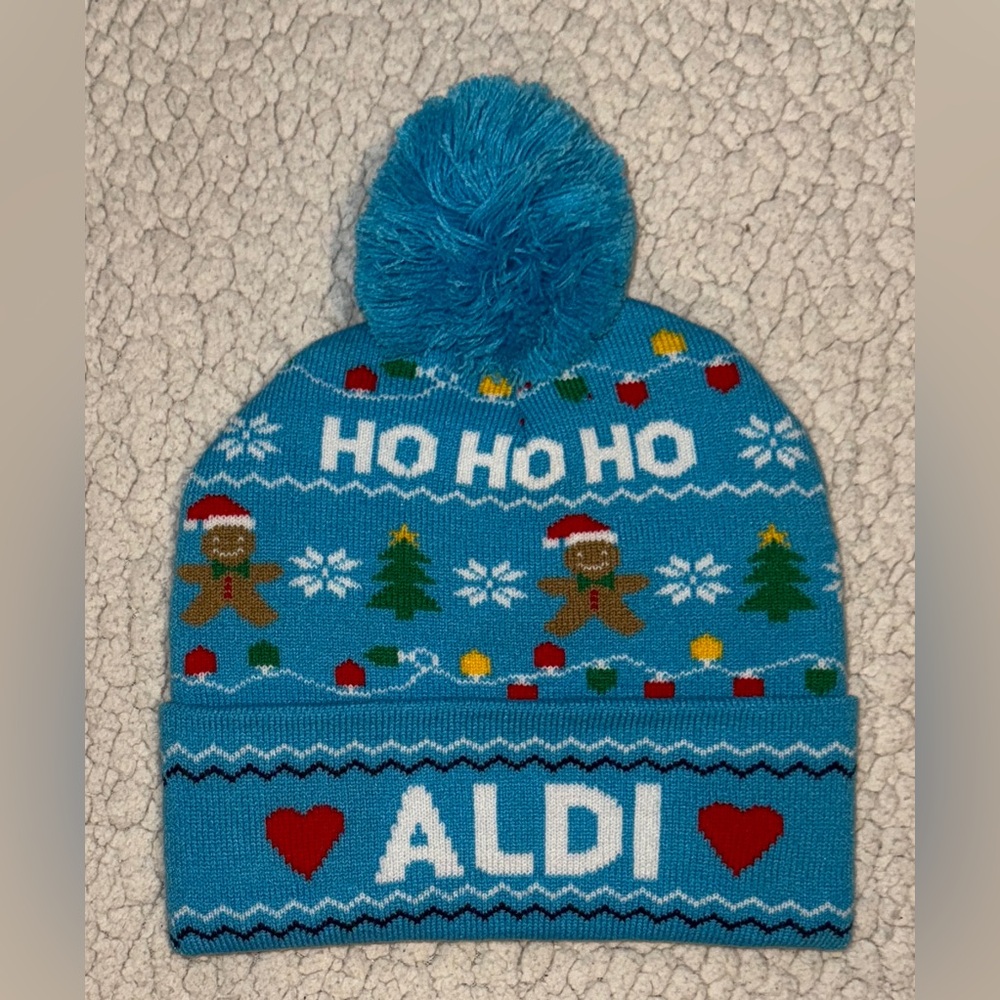 Aldi Beanie Hat - Blue Holiday Beanie Ho Ho Ho Gingerbread Christmas Trees NWT